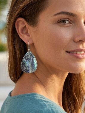 Abalone Teardrop Dangle Earrings Iridescent Boho Coastal 3” Statement